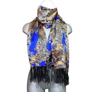 100% Silk Eclectic Floral Black Blue Gold Scarf Head Cover Fringed Luxury Stole